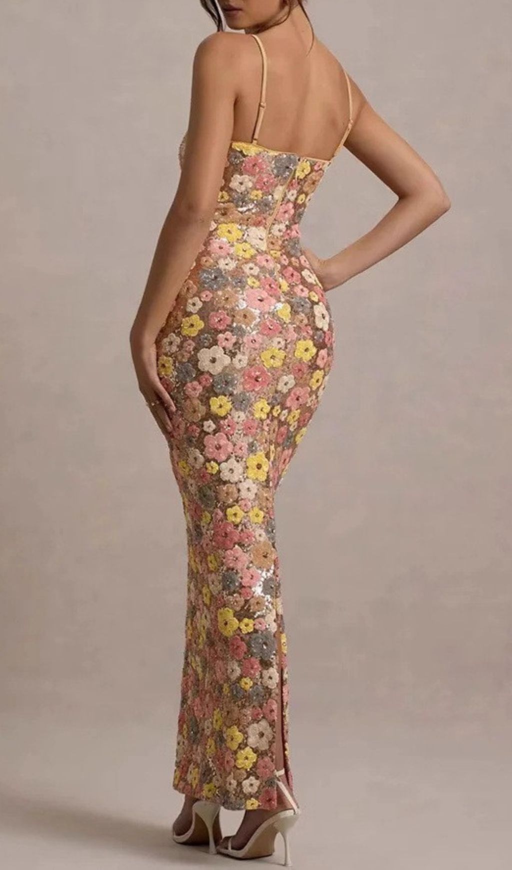 Gershon Elegant Floral Sequin Strappy Maxi Dress