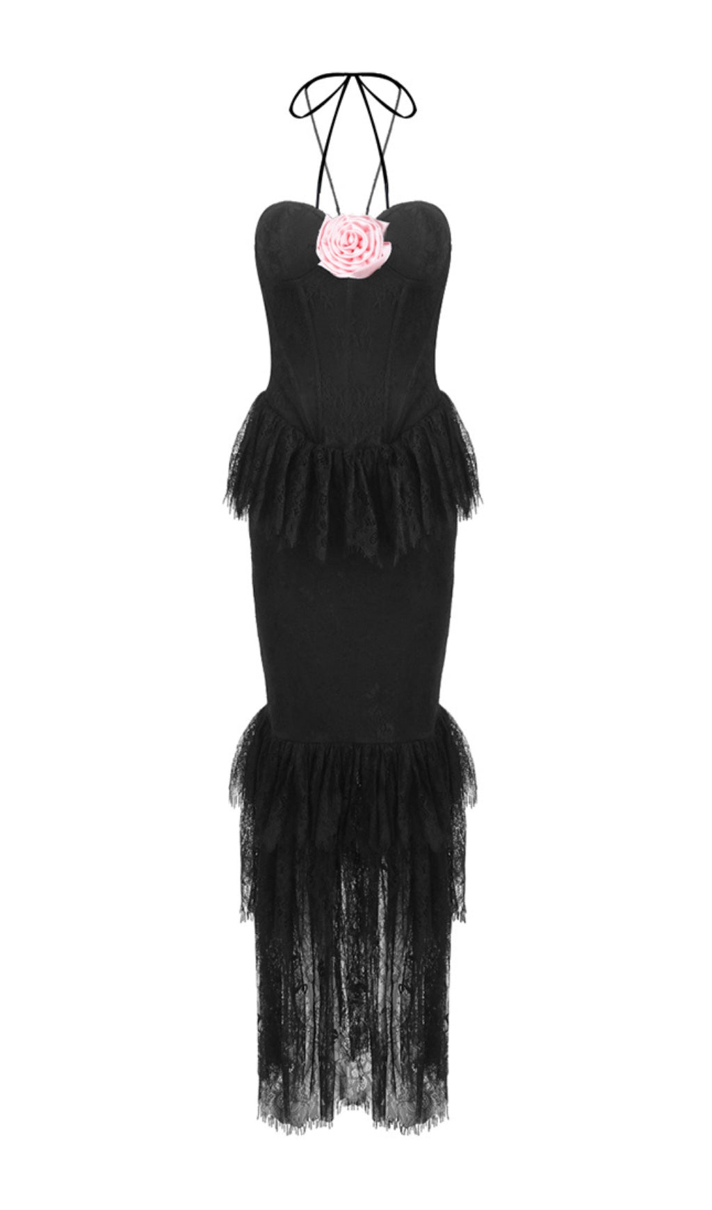 Exquisite Black Lace Ruffle Maxi Dress