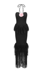 Exquisite Black Lace Ruffle Maxi Dress