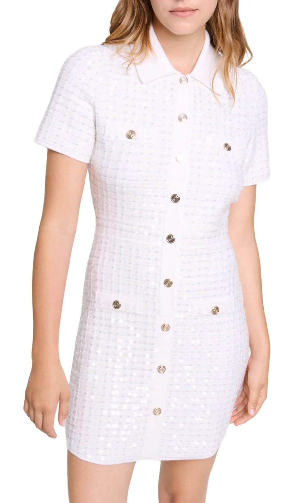 Rirtaly Chic White Tweed Sequin Mini Dress with Gold Buttons