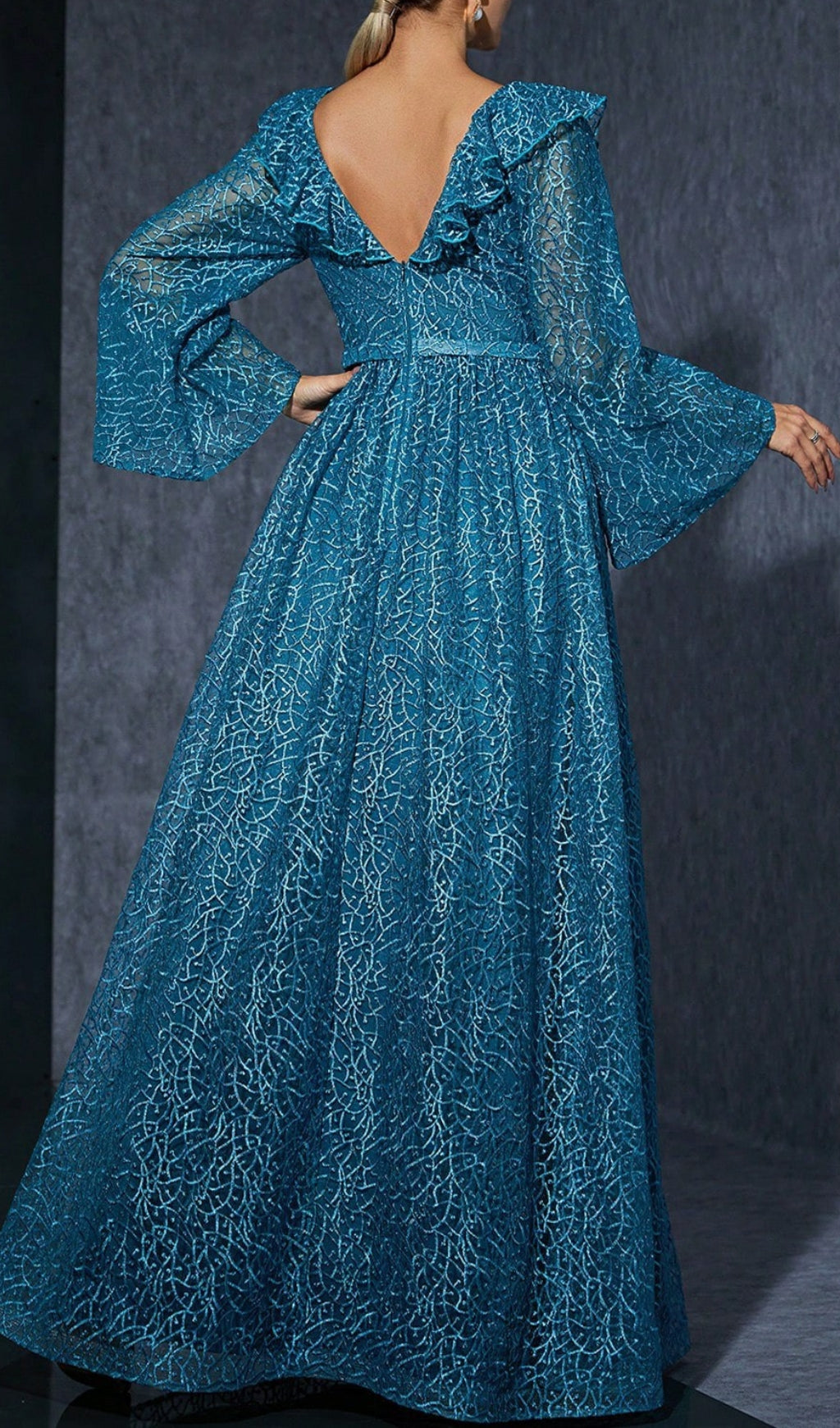 Divya Blue Shimmer Lace V-Neck Maxi Dress