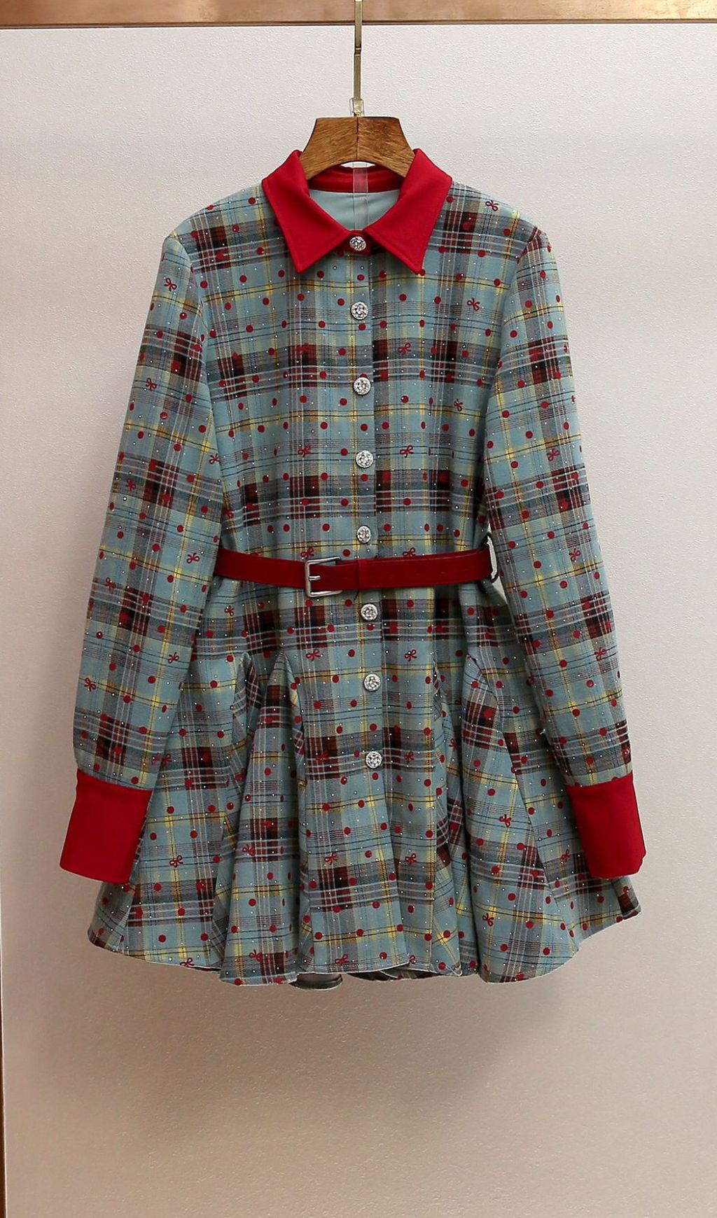 Humla Plaid Bow Mini Dress with Red Collar & Belt