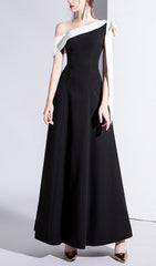 Chic Black One-Shoulder Maxi Gown with Contrast White Bow Detail