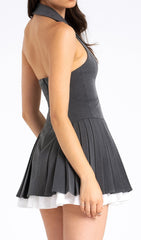 Dhriti Grey Tailored Halter Mini Dress with Pleated Skirt