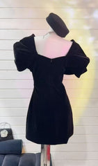 Ingrid Black Velvet V-Neck Mini Dress with Puff Sleeves