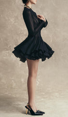 Colt Black Sheer Knit Long Sleeve Ruffle Mini Dress