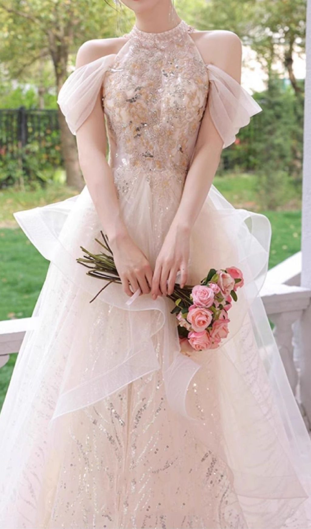 Chione Dazzling Champagne Halter Sequin Mesh Maxi Dress with Romantic Off-Shoulder Sleeves