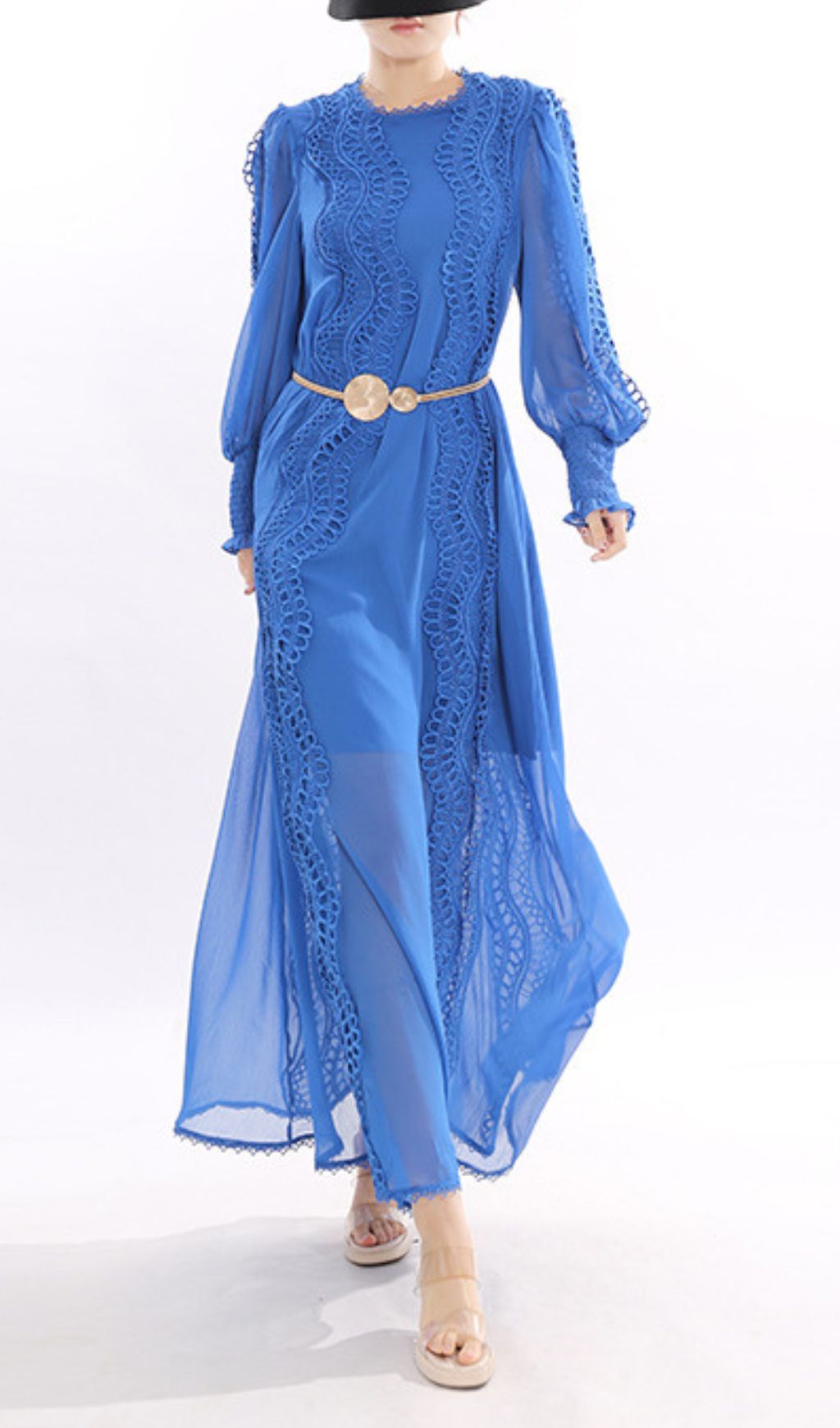 Jeslyn Elegant Royal Blue Lace-Trim Long Sleeve Maxi Dress
