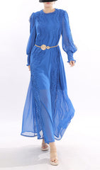 Jeslyn Elegant Royal Blue Lace-Trim Long Sleeve Maxi Dress
