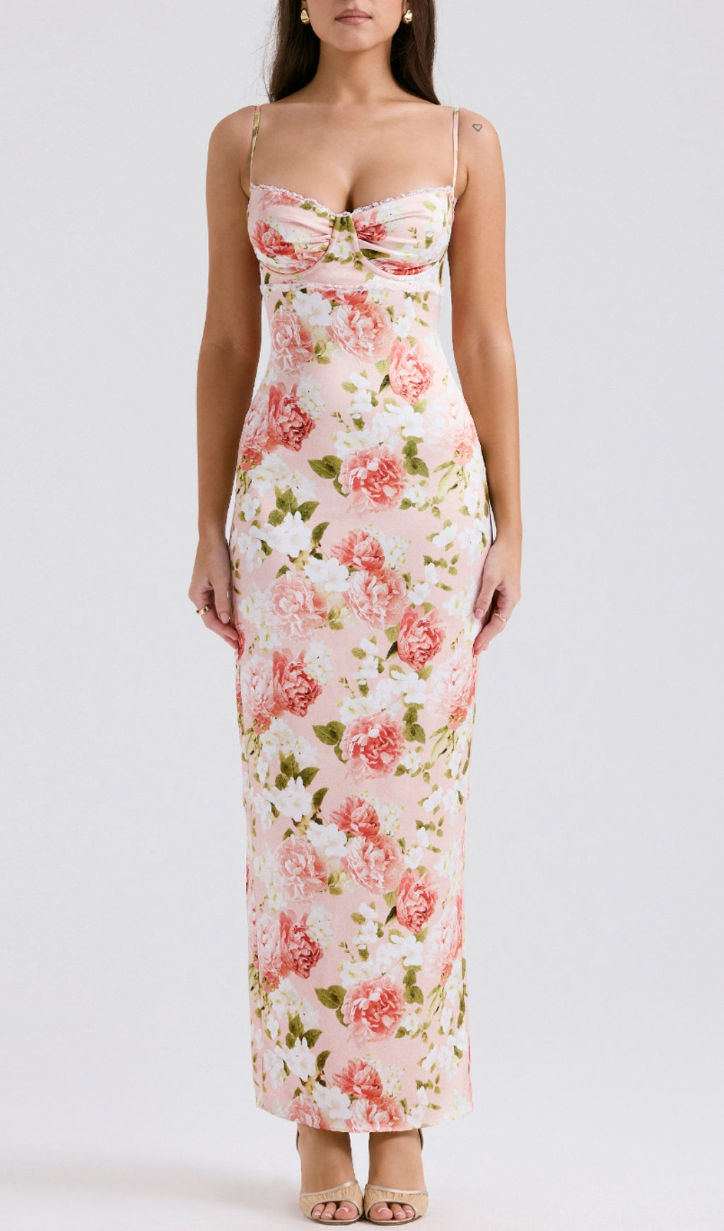 Beasley Pink Peony Print Satin Maxi Dress with Lace Trim & Slit