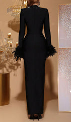 Harena Glamorous Black Diamante Bandage Maxi Dress with Feather Cuffs