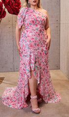 Heizle Pink Floral One-Shoulder Plus Size Maxi Dress with Ruffle Hem