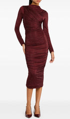Devika Shimmering Wine Ruched Bodycon Midi Dress
