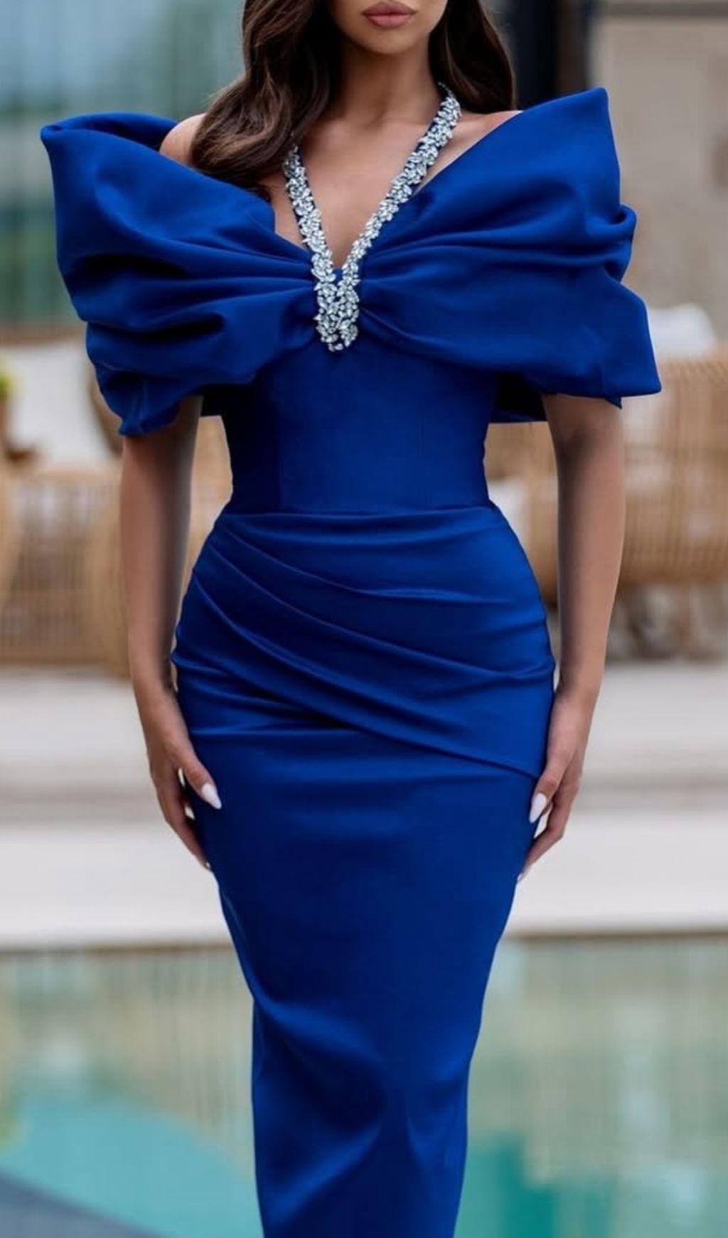 Elwilda Royal Blue Off-Shoulder Embellished Glamour Midi Dress