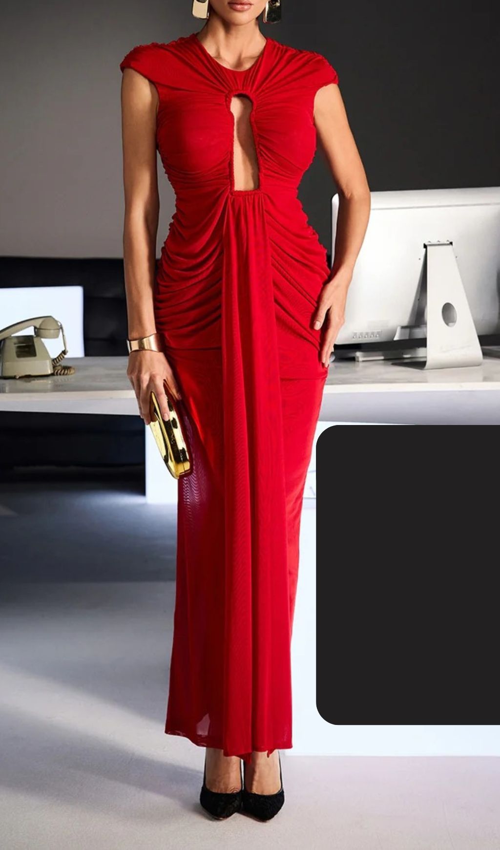 Drosyne Red Keyhole Cutout Ruched Maxi Dress