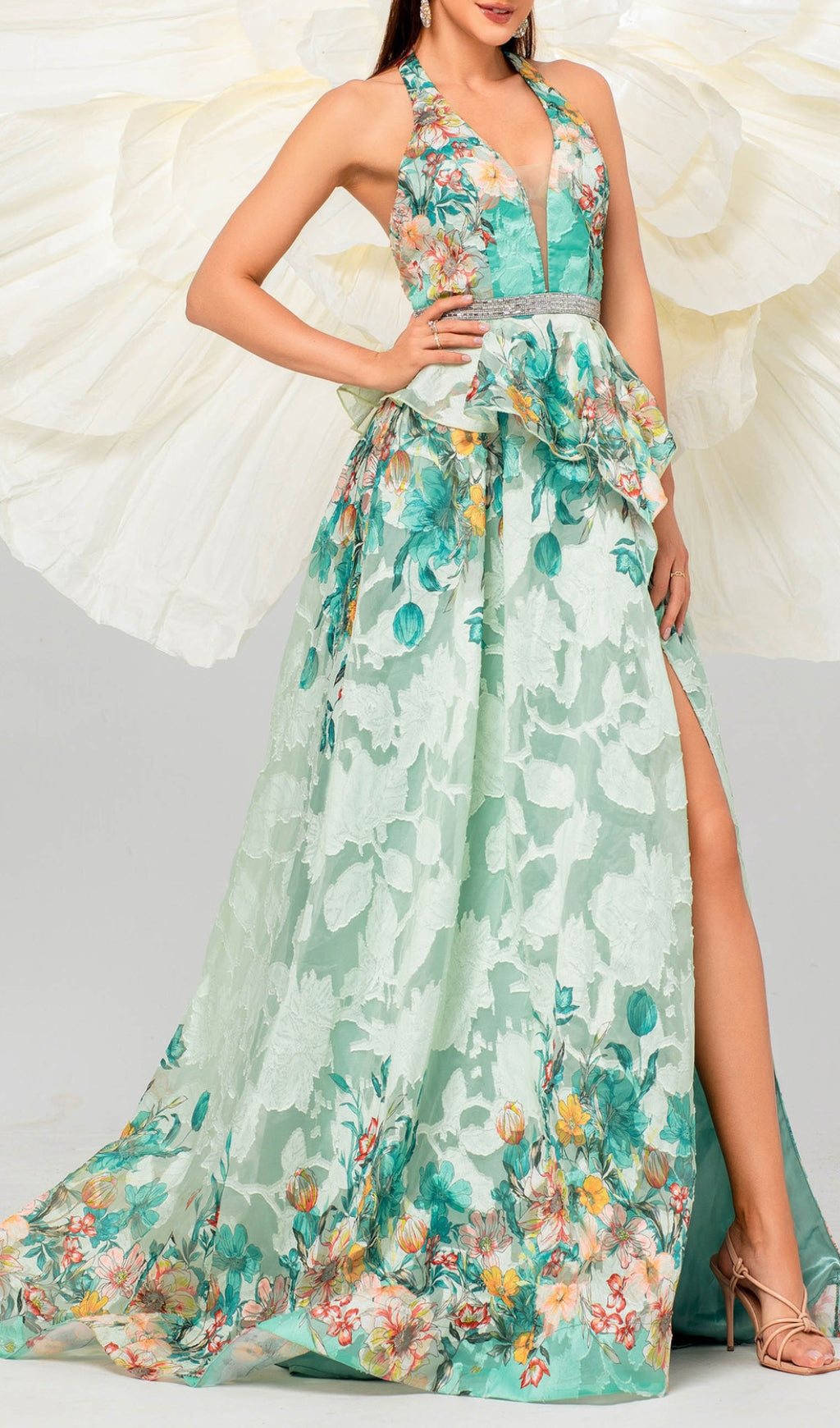 Brona Green Halter Neck Floral Maxi Dress with Thigh Slit & Peplum Detail
