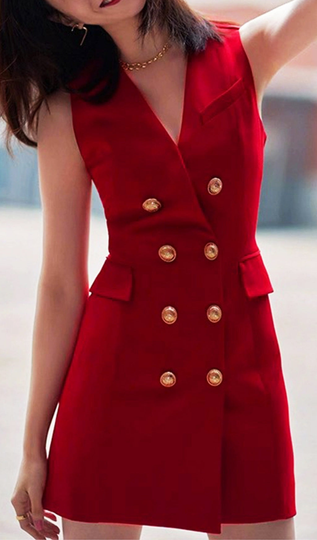 Eisheth Luxe Red Double-Breasted Sleeveless Mini Blazer Dress