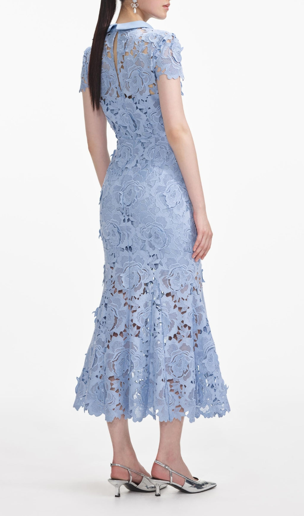 Elegant Cornflower Blue Floral Lace Midi Dress with Contrast Collar