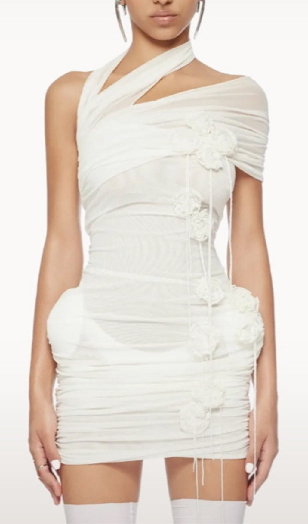 Elese White 3D Floral Ruched Mesh Halter Mini Dress