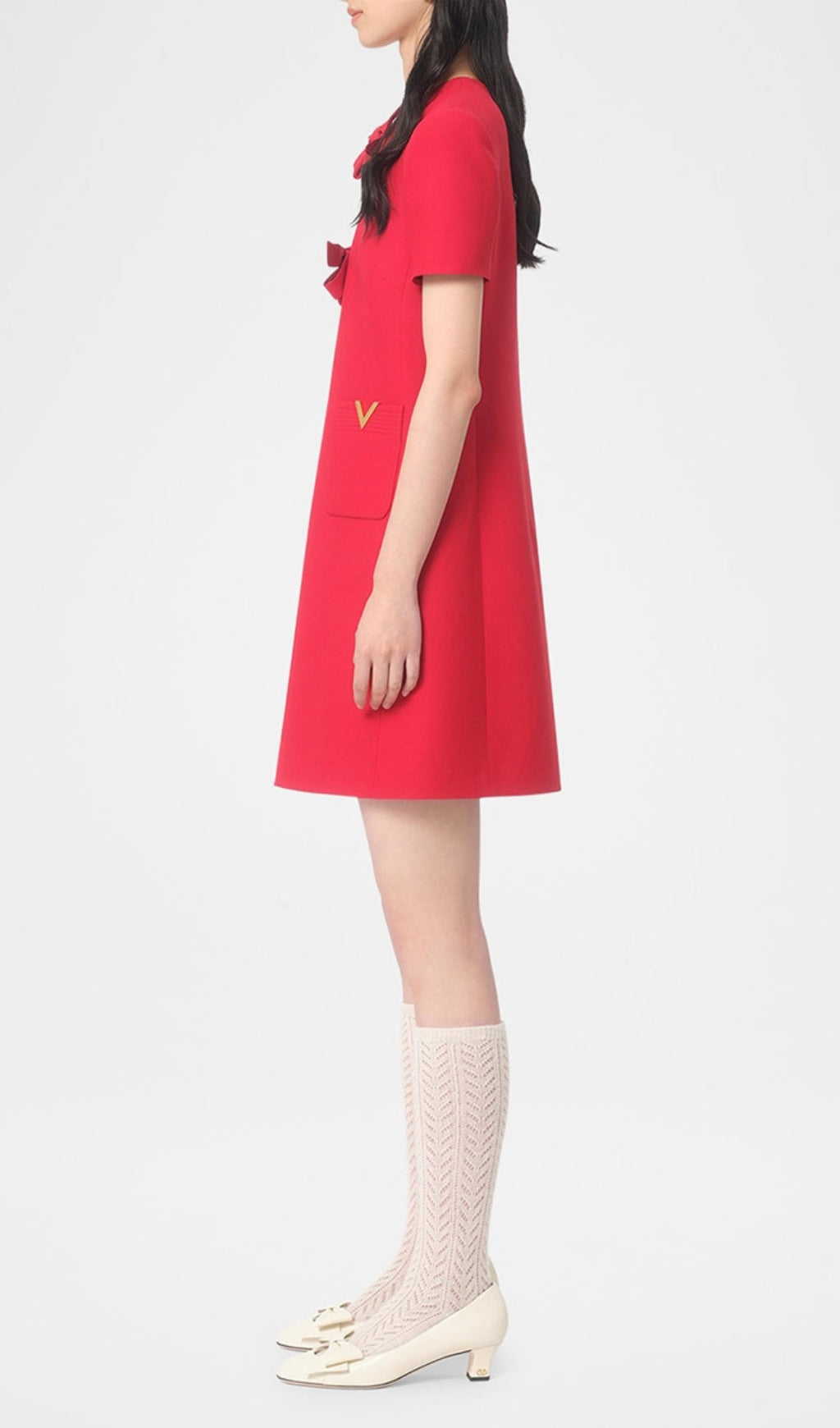 Elegant Red Crepe Couture Short Dress with Chic Bows & V-Gold Accents