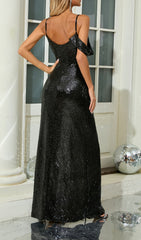 Carlita Black & Silver Sequin High-Slit Maxi Dress