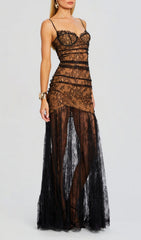 Cecily Black Lace & Nude Bustier Maxi Dress