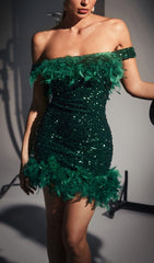 Dazzling Emerald Green Sequin Feather Mini Dress