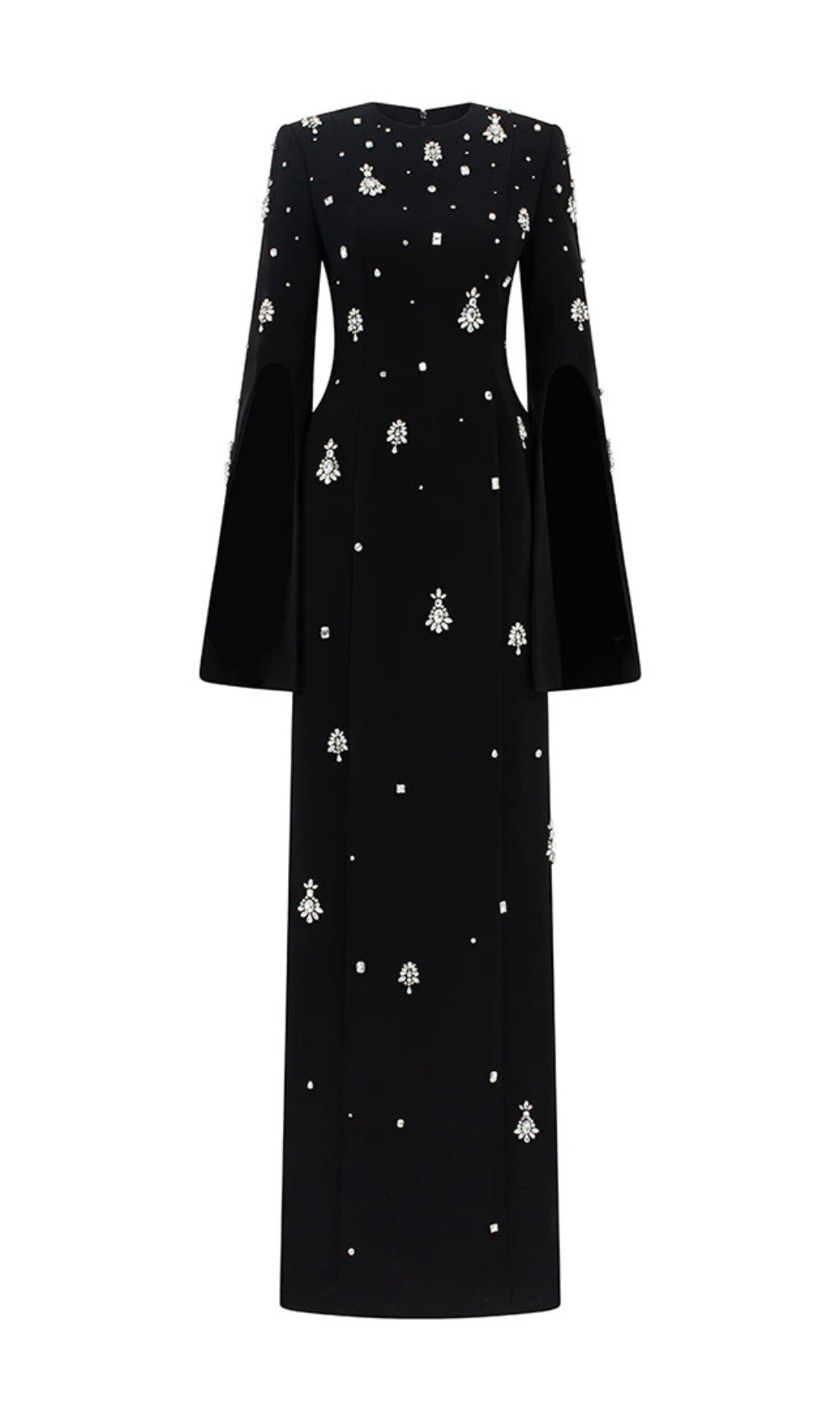 Davon Black Crystal Embellished Maxi Gown with Slit Sleeves