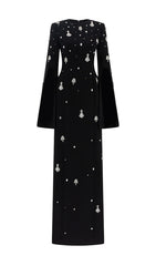 Davon Black Crystal Embellished Maxi Gown with Slit Sleeves