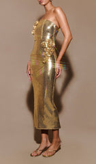 Elish Gold Floral Sequin Strapless Midi Dress