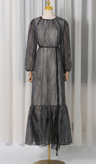 Jennis Black Swirl Print Long Sleeve Tiered Midi Dress