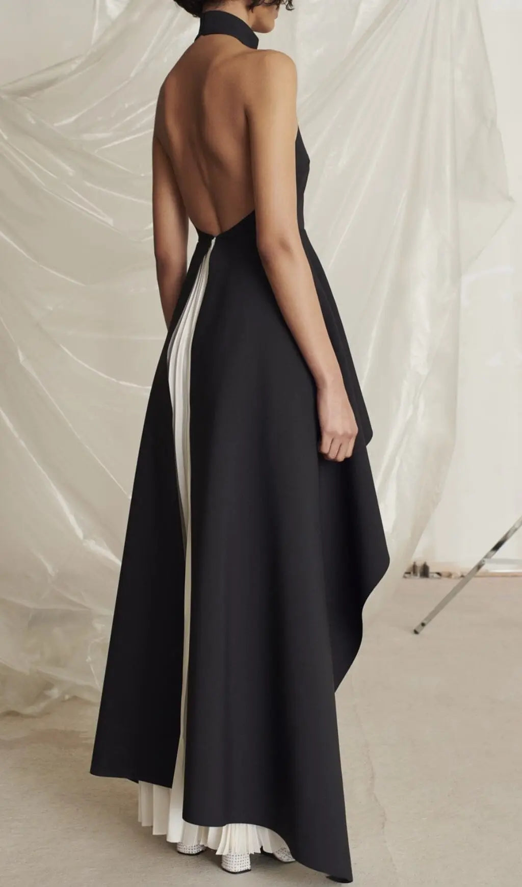 Chic Black & White Halter Maxi Dress