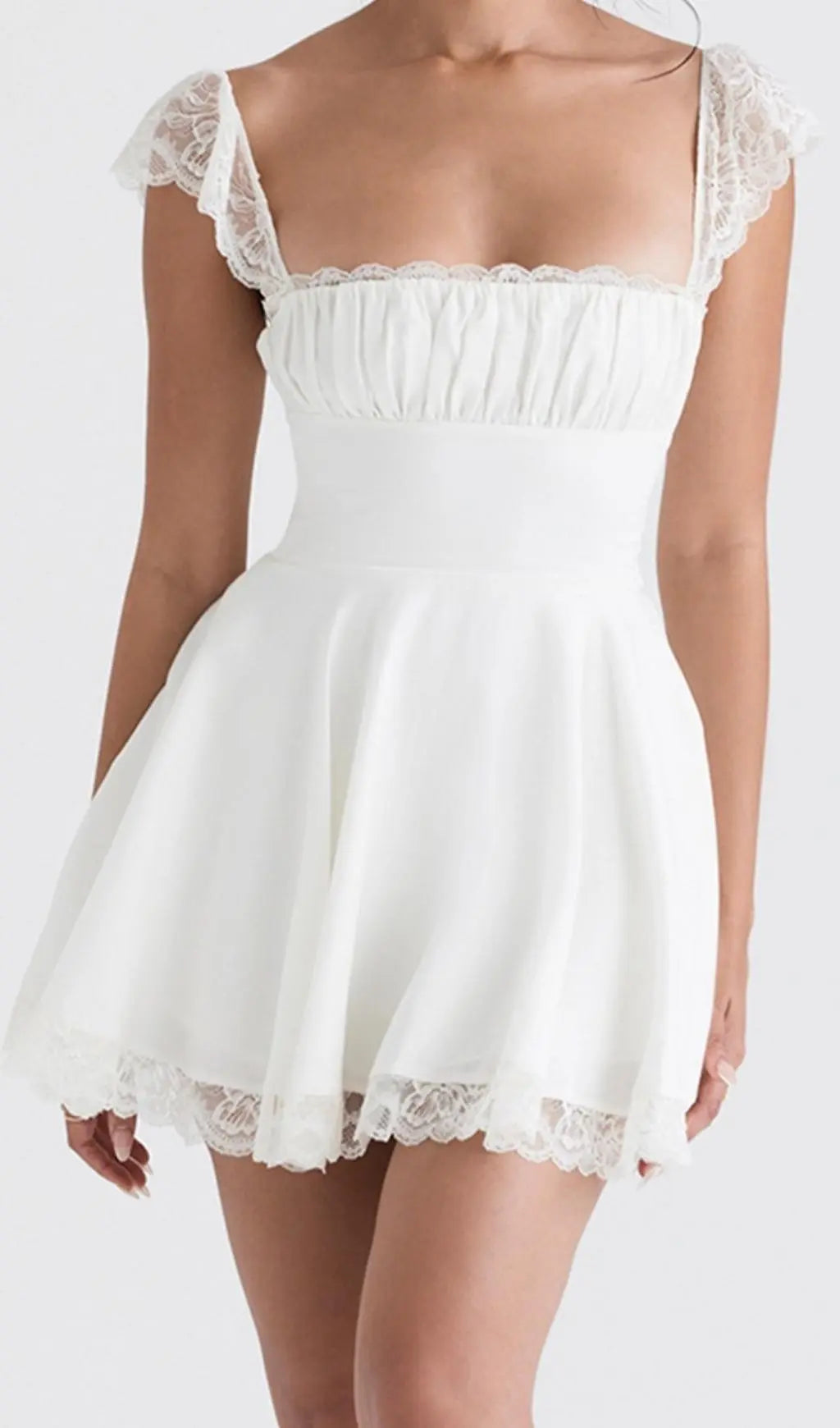 Romantic White Linen & Lace Mini Dress