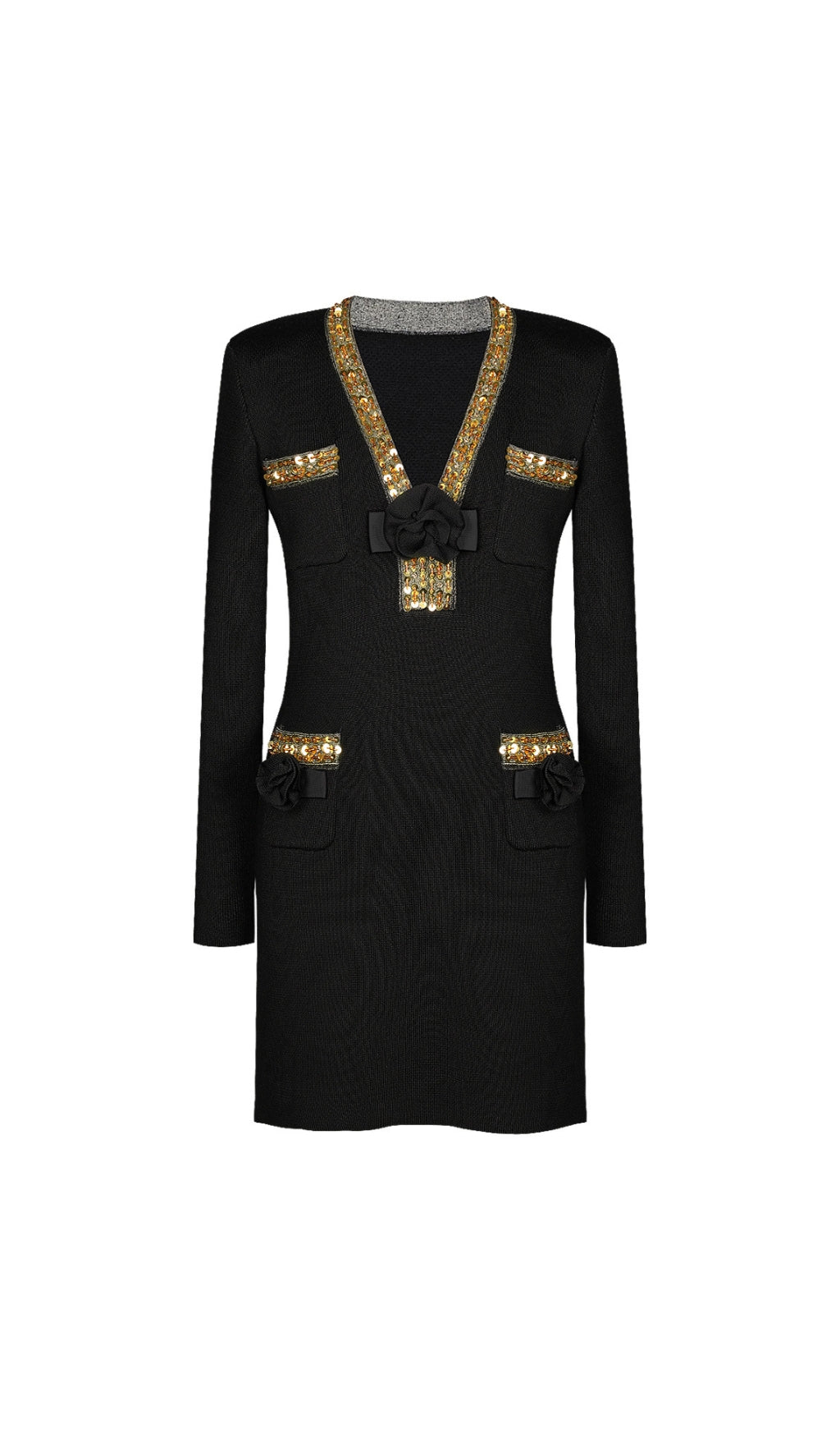 Emilie Black Sequin & Bow Long Sleeve Mini Dress