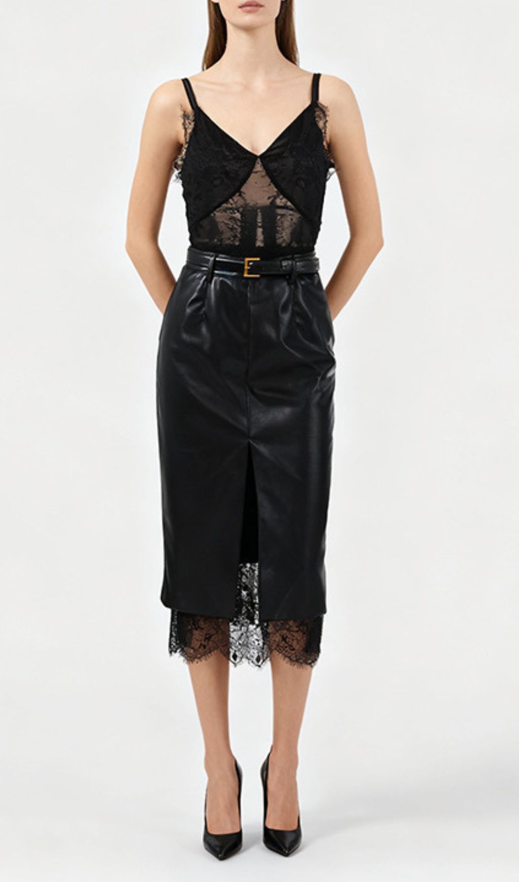 Ilta Black Lace & Vegan Leather Midi Dress