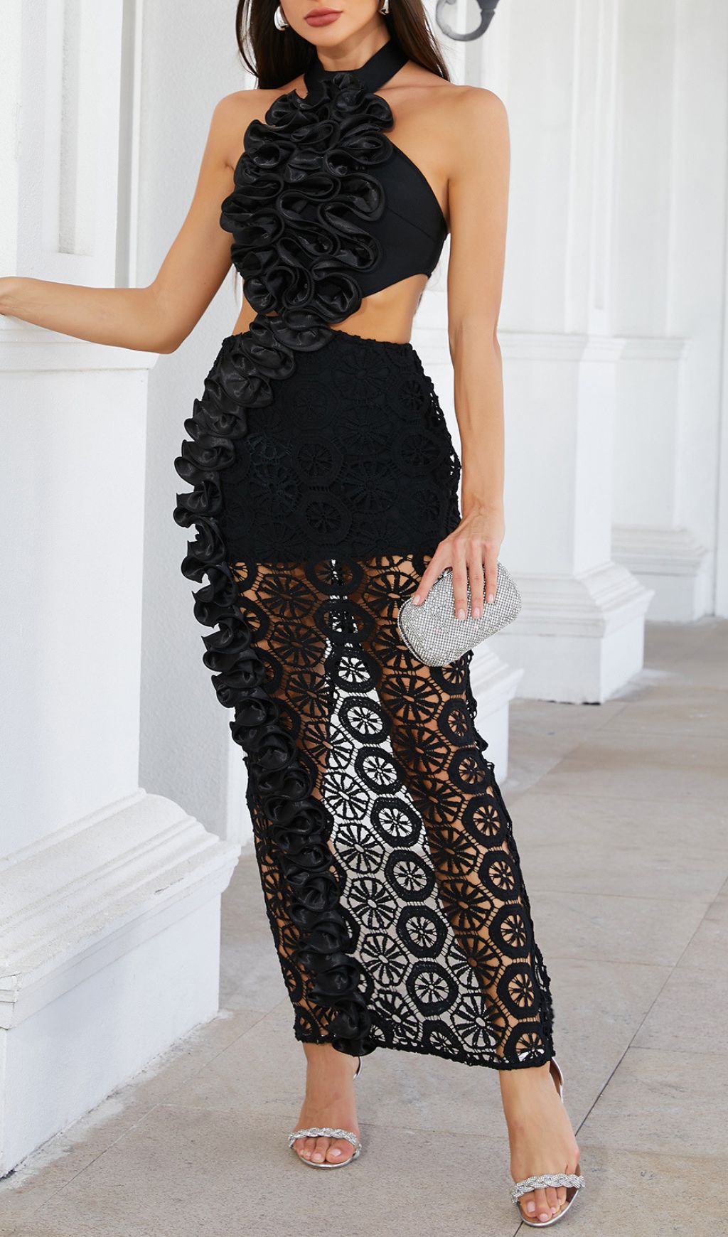 Glamorous Black Halterneck Ruffled Cutout Lace Maxi Dress