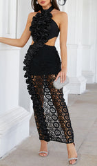 Glamorous Black Halterneck Ruffled Cutout Lace Maxi Dress