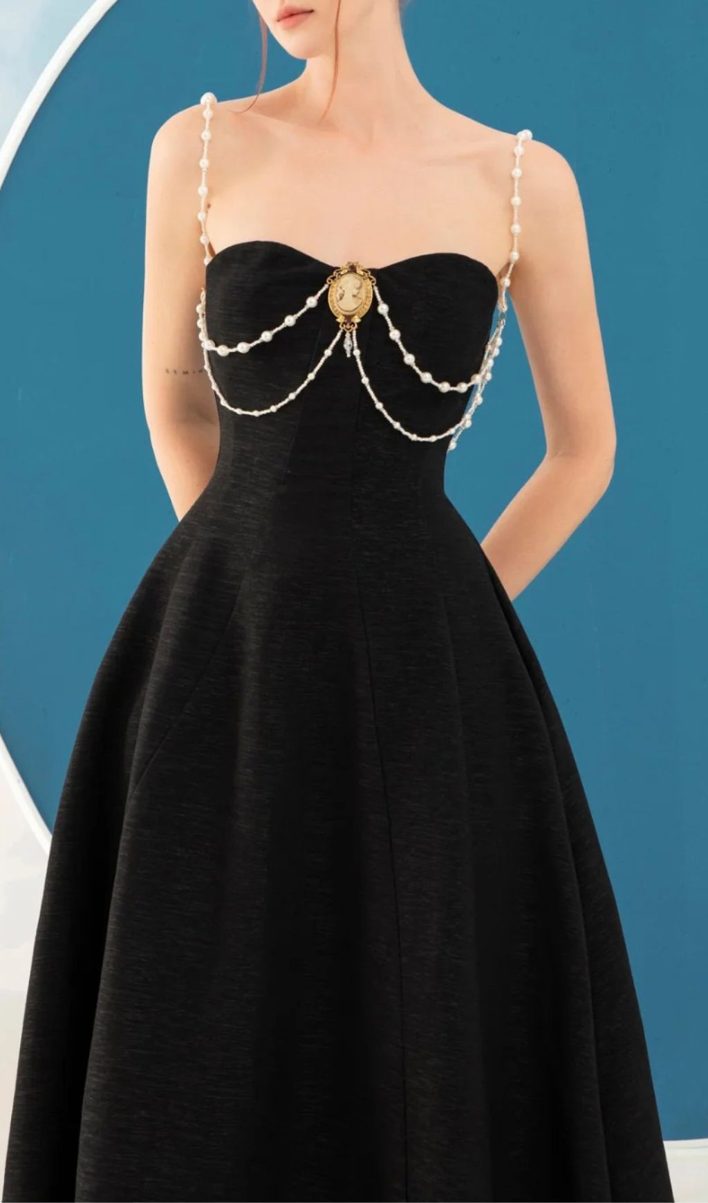 Ilyssa Black Pearl Draped Strapless Midi Dress