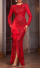 Dazzling Helaine Red Sequin Long Sleeve Maxi Dress