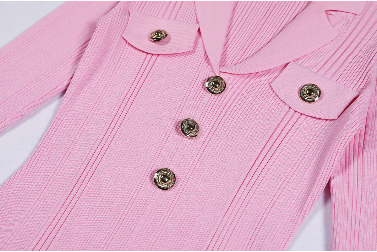 Clidhna Elegant Gold Button Ribbed Knit Midi Dress