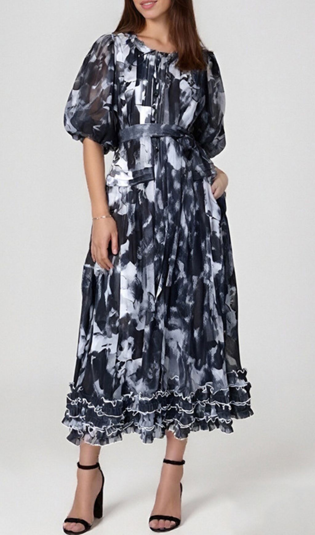 Haku Vibrant Floral Puff-Sleeve Maxi Dress