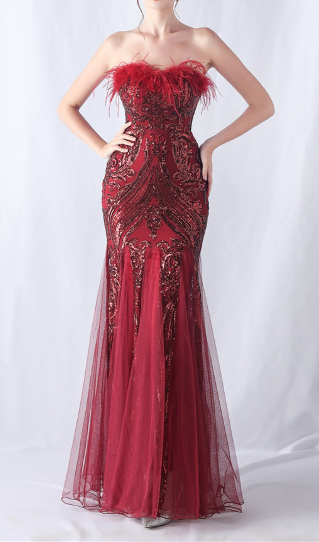 Choire Red Sequin Feather Mermaid Gown