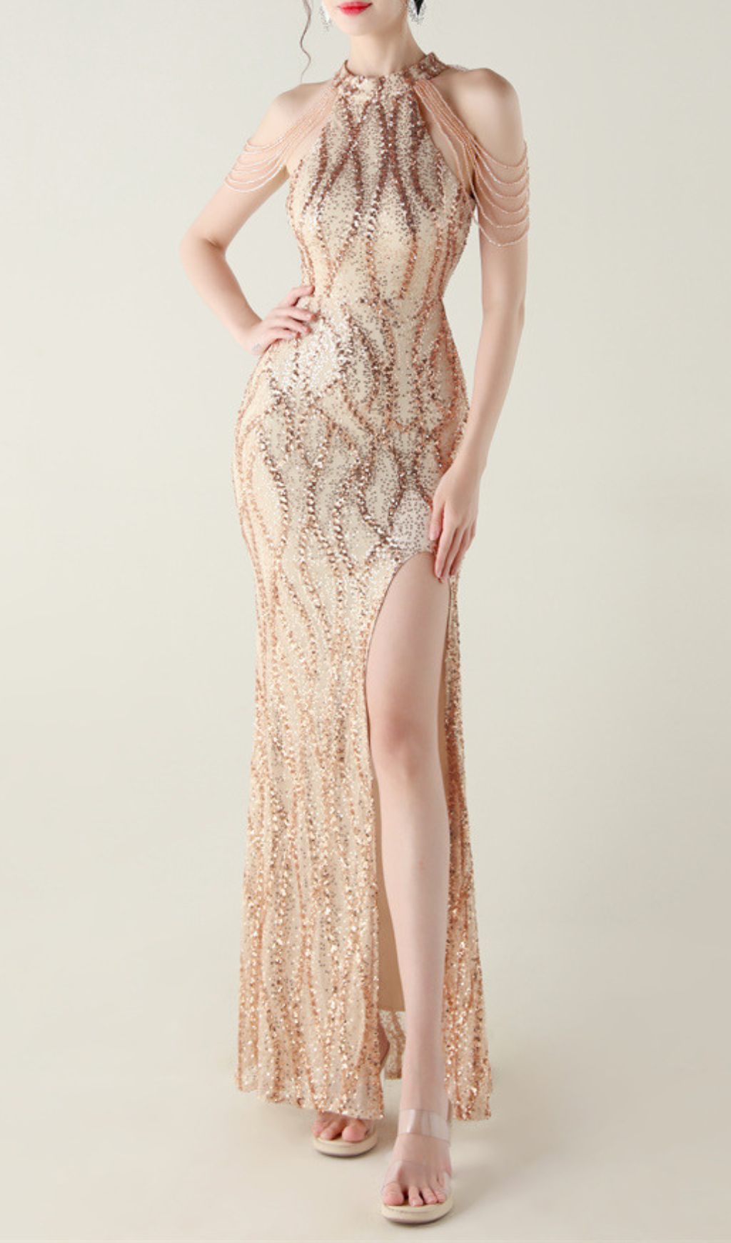 Ikra Glamour Halter Sequin High Slit Maxi Dress