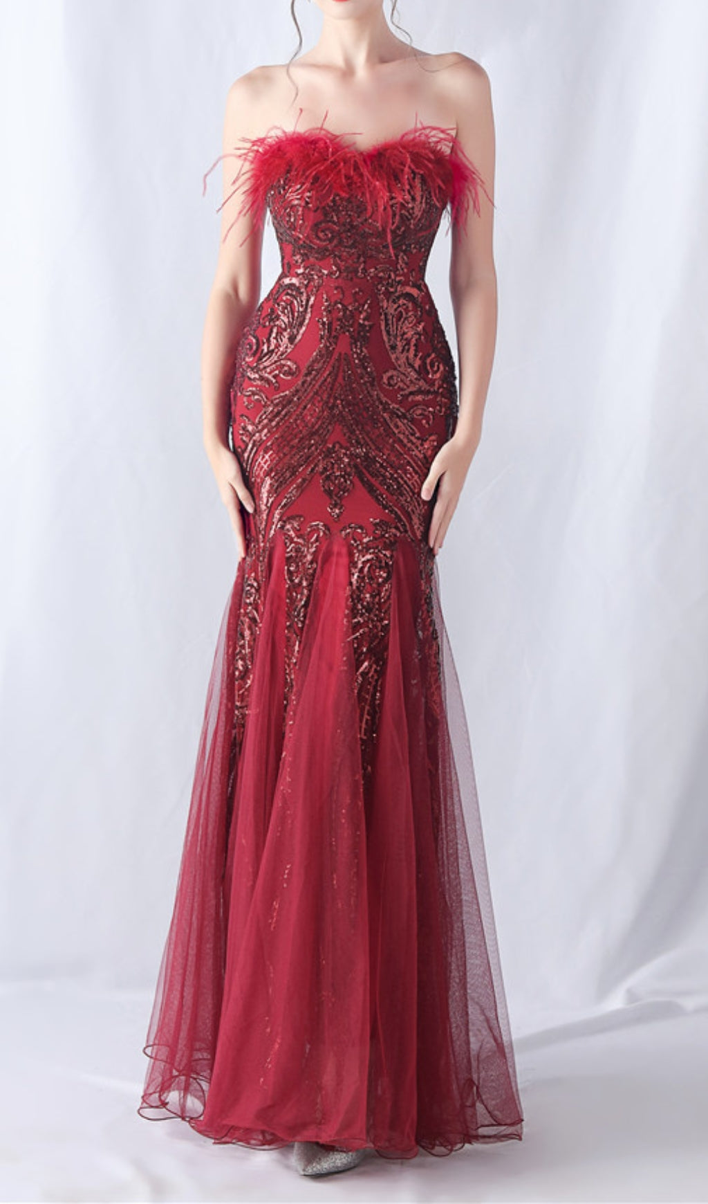 Choire Red Sequin Feather Mermaid Gown