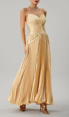 Jagtopo Elegant Champagne Gold Twisted Bodice Pleated Maxi Evening Gown