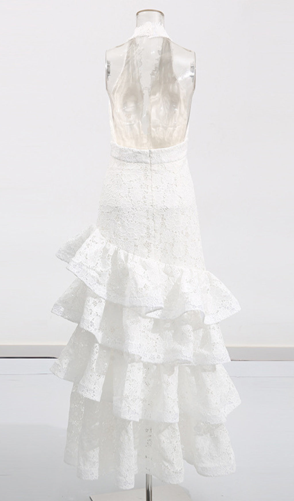 Ellie White Halter Lace Tiered Ruffle Maxi Dress