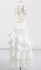 Ellie White Halter Lace Tiered Ruffle Maxi Dress
