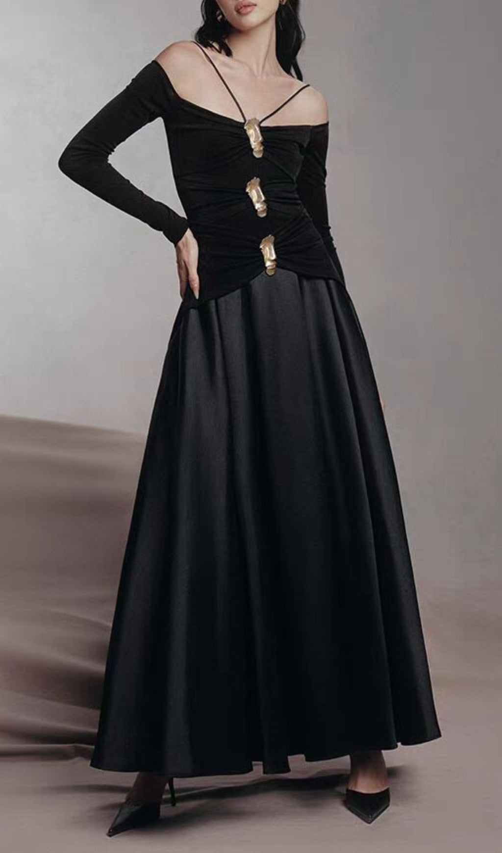 Cailin Gold-Embellished Off-Shoulder Ruched Maxi Dress