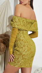 Golden Turmeric Off-Shoulder Floral Mini Dress with Elegant Mesh Sleeves