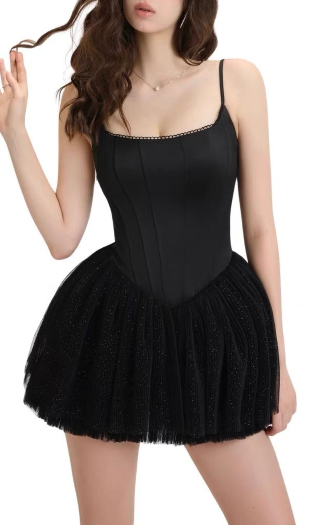 Friso Black Sparkle Tulle Strappy Corset Mini Dress